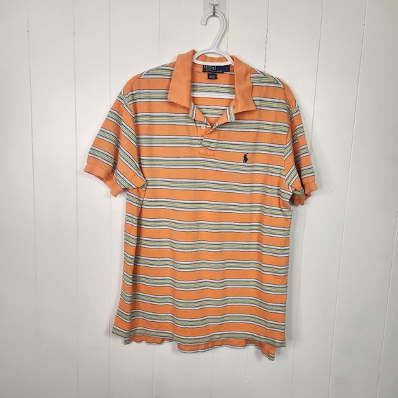 Polo Ralph Lauren Men's Polo Shirt Short Sleeve Vintage Orange Stripe Size Large - Picture 7 of 7
